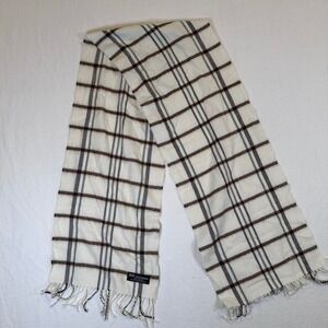100% Cashmere Scarf Made in Scotland Plaid Cream Brown Grey Fringe Unisex